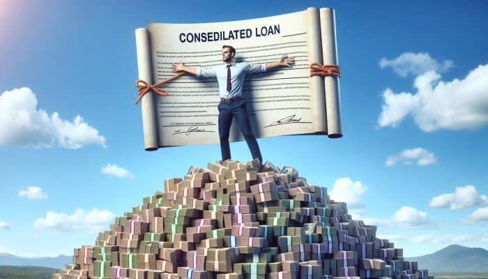 Debt Consolidation Loan Lies Exposed: A person consolidating various bills into one loan document, symbolizing financial relief and stability.