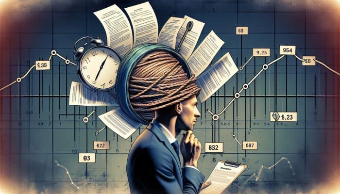 UK resident considering debt consolidation, surrounded by financial documents, with clock and calendar in background.