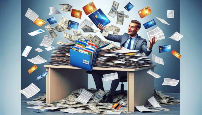 How to Consolidate Debt Without a Loan: Person at desk consolidates bills and credit cards into folder, looking relieved.