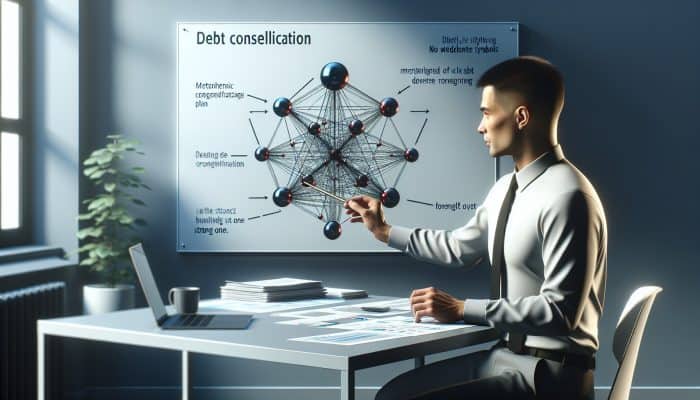Financial advisor at desk with graphs, explaining debt consolidation plan to hopeful client.