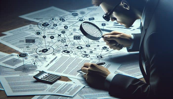 Person scrutinizing loan agreement with magnifying glass, surrounded by documents and calculators, focusing on hidden fees.