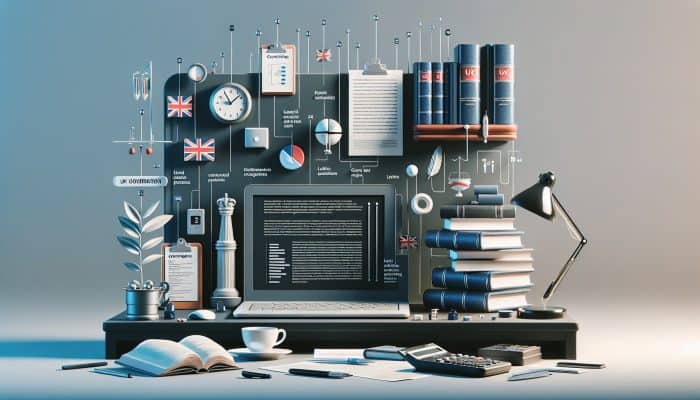 UK legal documents and consolidation application form on a laptop, with a pen and coffee, UK flag background.