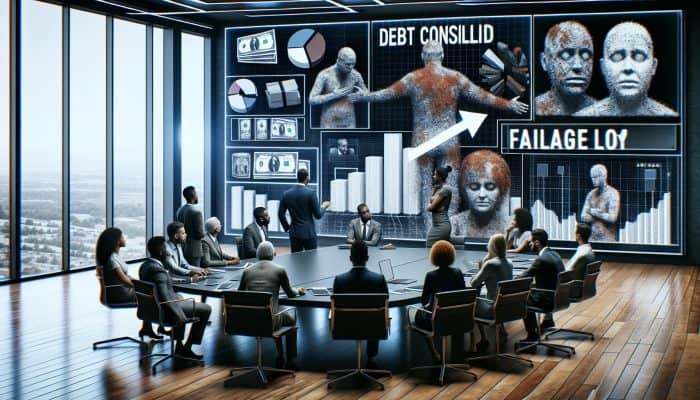 Real-Life Debt Consolidation Loan Failures: UK Case Studies | DCL Diverse financial experts analyzing failed debt consolidation loan cases on a chart in a modern conference room.