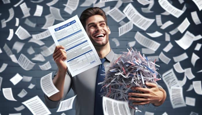 Are Debt Consolidation Loans Worth The Fees: Person in the UK smiling, holding debt consolidation loan document, shredded old debts in background, symbolizing financial freedom.