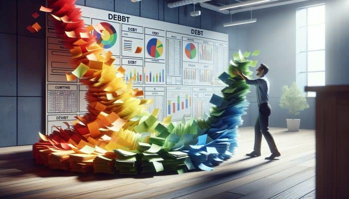 Using Debt Consolidation to Avoid Bankruptcy: Person consolidating colorful debt papers into one manageable file, symbolizing financial relief in an organized office.