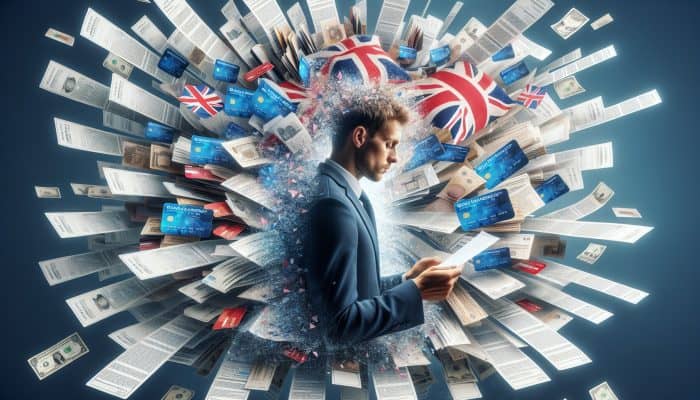 How to Structure a Custom Consolidation Plan: Person in the UK consolidating multiple bills and credit cards into one manageable loan, symbolizing a clear path forward.