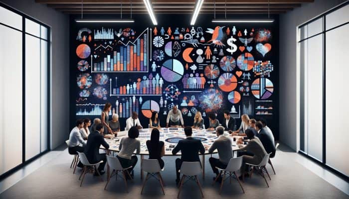 A diverse group in a UK office examines debt consolidation options on charts and documents.