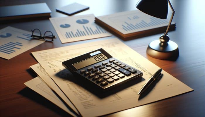 How to Get a Debt Consolidation Loan Fast: UK Guide | DCL Calculator showing debt-to-income ratio, surrounded by financial documents on a wooden desk under a lamp.