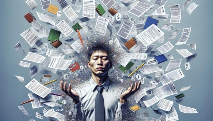 Debt Consolidation Loans for Small Debts: Person consolidating scattered bills into a single folder, symbolizing financial clarity and relief.