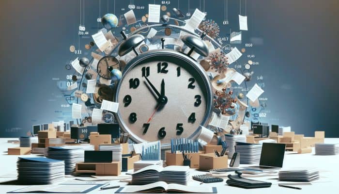 A clock and scattered loan documents in a busy UK financial office, illustrating debt consolidation loan processing time.