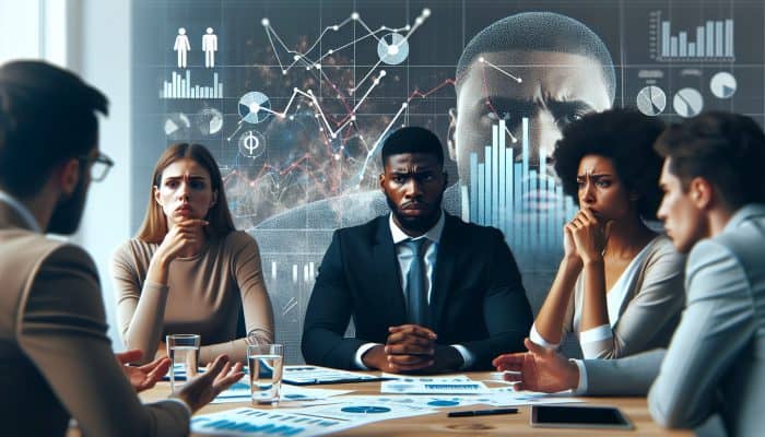 Challenges of Sticking to Consolidation Plans: A diverse business team in a UK office analyzing budget impacts due to rising inflation rates, surrounded by financial charts and reports.
