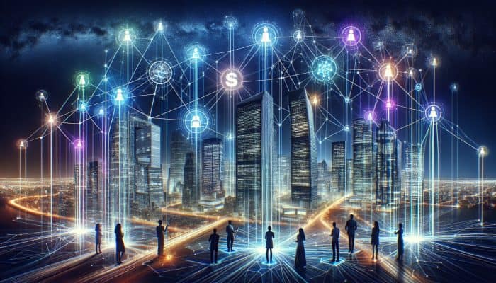 Best Peer-to-Peer Debt Consolidation Loans: A digital platform linking borrowers and investors directly, symbolized by a network against a modern city backdrop.
