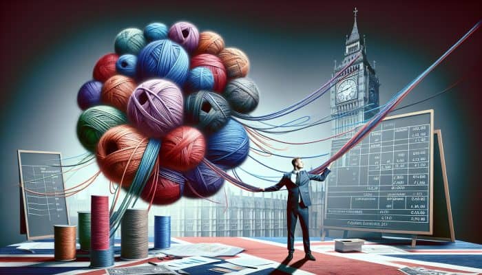 Hidden Fees in Debt Consolidation Loans: Person consolidating debts into one loan, symbolized by merging colorful threads, with UK financial charts and landmarks.
