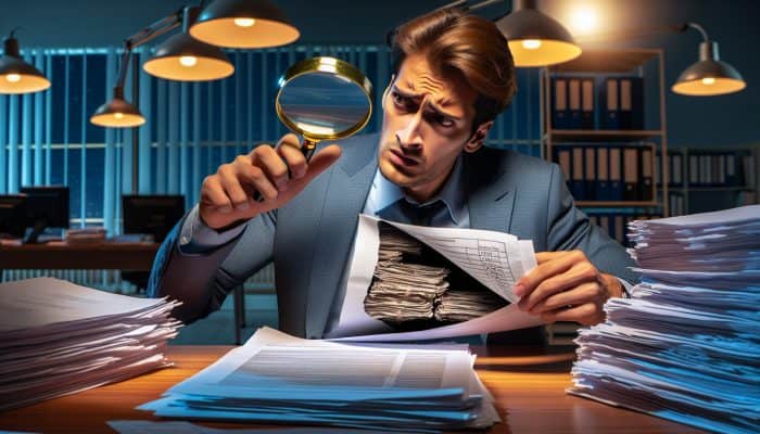 A concerned person in a dimly lit office uncovering hidden fees in fine print on debt consolidation loan documents.