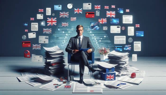 Personal Tales of Debt Consolidation Triumphs: Person consolidating various debts into one loan in a calm office, UK.