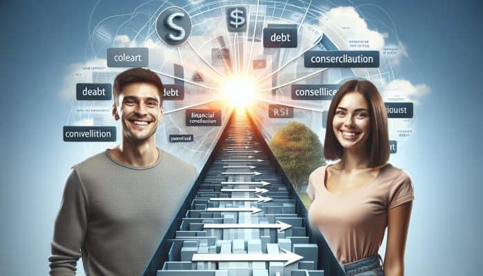 A joyful millennial couple stands before a clear path symbolizing debt consolidation, with bright skies ahead.