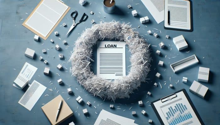Common Misconceptions About Consolidation Loans: A desk with a single loan document and shredded debt papers, representing debt consolidation.