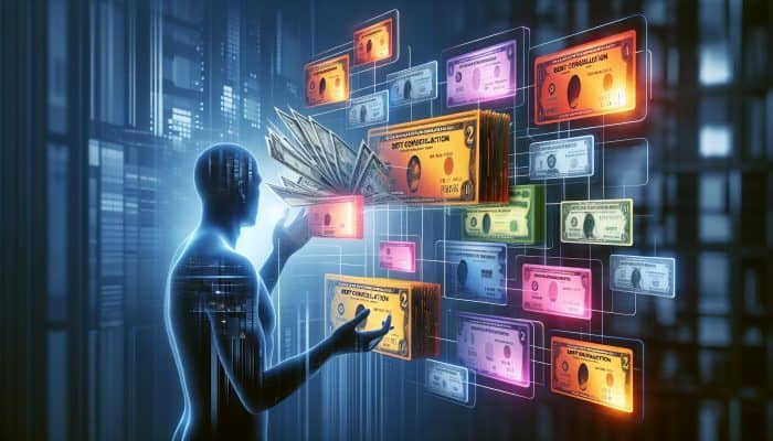 Debt Consolidation Loan Reviews and Ratings: A person consolidating various colorful bills and cards into one clear loan document, symbolizing financial relief.