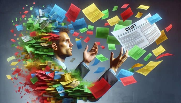 A person consolidating multiple colorful debt papers into one clear loan document, symbolizing financial clarity and relief in the UK.