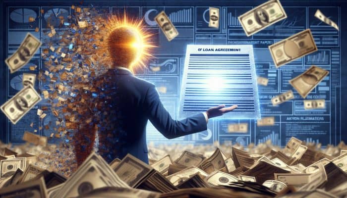 How a Consolidation Loan Helped During a Crisis: Person triumphantly holding a glowing loan document, symbolizing debt consolidation, with fading old bills in the background.