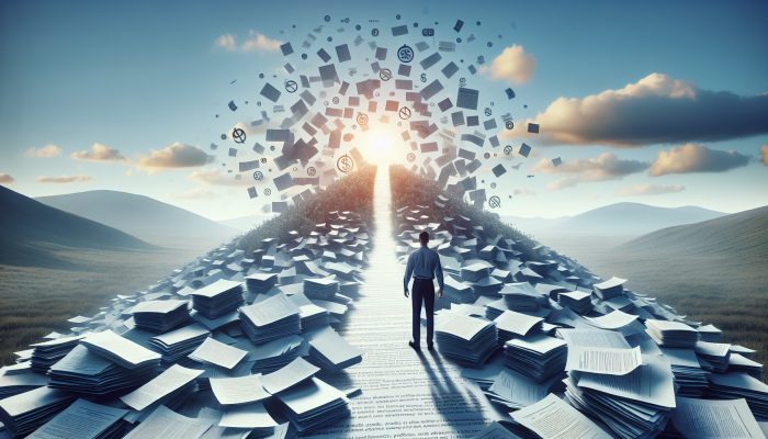 A person relieved as multiple debt papers merge into one lighter document, symbolizing debt consolidation and a path to financial stability.