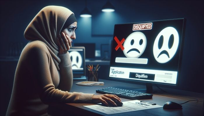 Debt Consolidation Loan Denial Reasons: A worried person views a low credit score of 590 on a computer, with loan forms and a "disqualified" stamp in a dimly lit UK office.