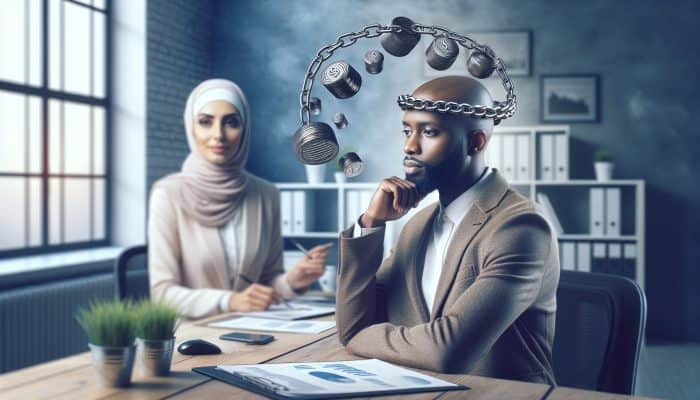 Debt Consolidation for Legal Fee Debts: UK Guide | DCL Debt Consolidation for Legal Fee Debts: A person feeling relieved as debts are consolidated into one manageable loan, symbolized by merging heavy chains into a lighter one in a peaceful office.