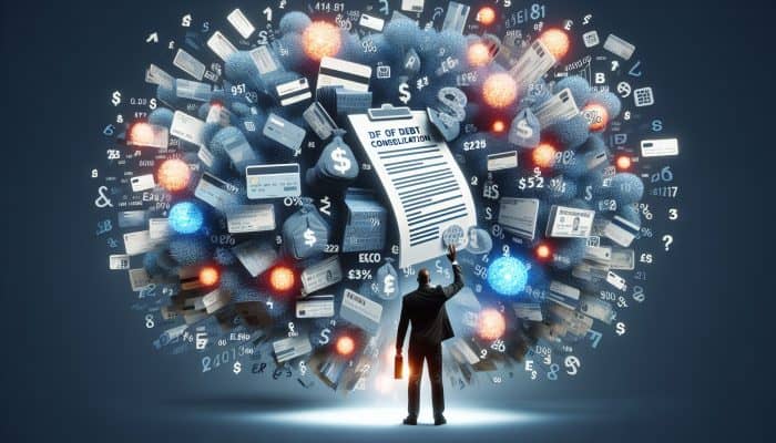 How to Use Debt Consolidation for Long-Term Gain: UK Strategies | DCL How to Use Debt Consolidation for Long-Term Gain: Person consolidating various debts into one manageable loan, symbolizing financial relief.