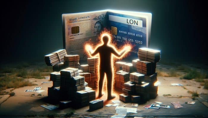 Debt Consolidation Loan Comparison Websites: Person in UK consolidating scattered bills and credit cards into one glowing loan document, symbolizing financial relief.