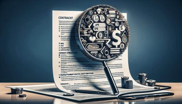 A detailed loan contract on a desk, with terms like APR and fees highlighted, viewed through a magnifying glass.