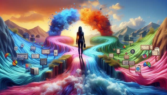 Does Debt Consolidation Ruin Your Credit: UK Insights | DCL Does Debt Consolidation Ruin Your Credit: A person merging colorful debt streams into a clear river, symbolizing debt consolidation and financial relief.
