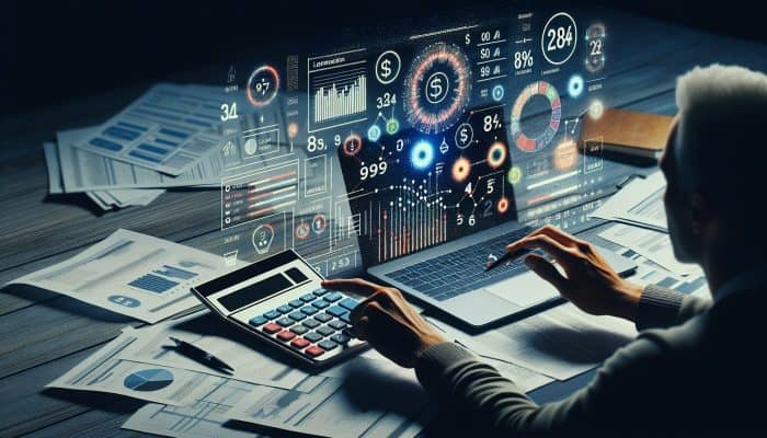 Debt Consolidation Loan Cost Calculators: Person using calculator on desk with financial papers, graphs, and laptop showing loan comparison.