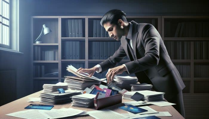 How to Evaluate Debt Consolidation Loan Offers in the UK: A person in the UK consolidating scattered credit cards and loan documents into one organized folder.