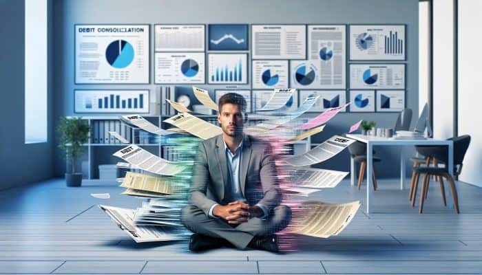 Debt Consolidation and Credit Utilisation Hacks:  Person relieved as multiple colorful debt papers merge into one clear document in a modern office, symbolizing debt consolidation.