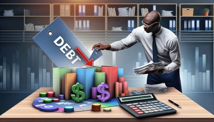 Debt Consolidation Loan APR Breakdowns: UK Guide | DCL Debt Consolidation Loan APR Breakdowns: A person organizing colorful debt papers into a "Consolidation Loan" folder, with a calculator showing reduced interest rates, in a modern UK office.