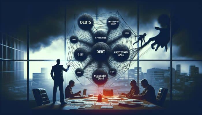 Debt Consolidation Loan APR Breakdowns: UK Guide | DCL A person in a shadowy office, struggling with tangled debts, facing consolidation risks.