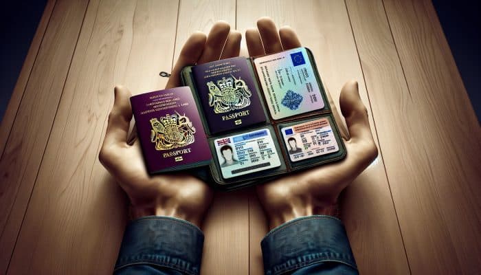 What Documents Do Debt Consolidation Loans Need in the UK: A hand displaying a UK passport, driving license, national identity card, and citizenship certificate on a table.