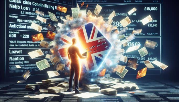 Debt Consolidation for High-Income Earners: Person in the UK consolidating scattered bills and credit cards into one glowing loan document for financial relief.