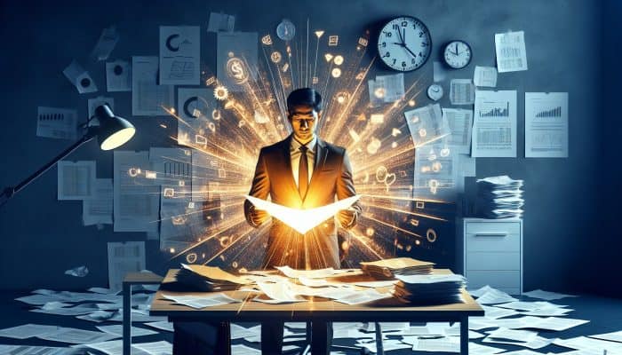 Debt Consolidation for Business Debt: A businessman consolidating multiple debts into one glowing document on a minimalist desk, symbolizing financial clarity.