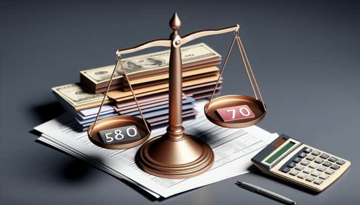 Who Qualifies for Debt Consolidation Loans: Credit score scale from 300 to 850, highlighting 580 and 700, with UK financial documents and calculator.