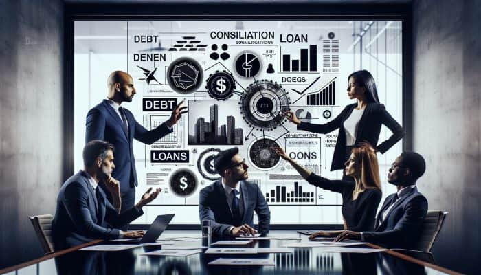 A group of professionals discussing debt consolidation loan qualifications in a conference room with visual aids.