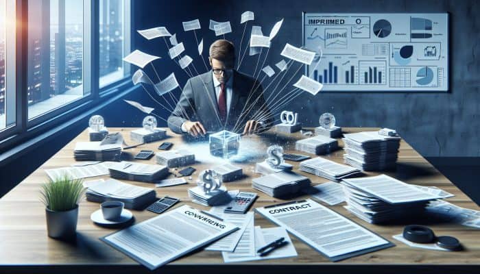 Debt Consolidation Loans for Business Owners: A UK business owner consolidates debts into one loan, improving cash flow, symbolized by a clear contract.