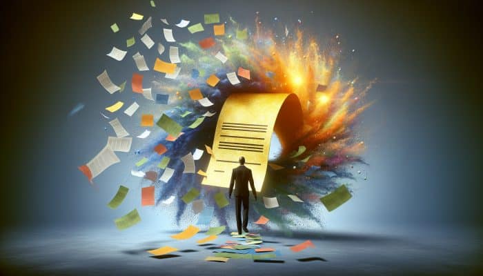 Debt Consolidation Loans With Low Fees: A person merges multiple colorful debt papers into one glowing loan document, symbolizing debt consolidation.