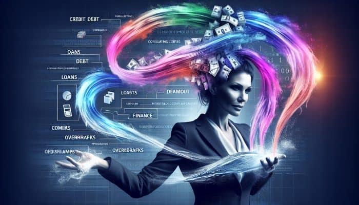 Debt Consolidation for a Simpler Lifestyle: Person managing finances, consolidating debts into one loan, symbolized by merging colorful streams into a clear river.