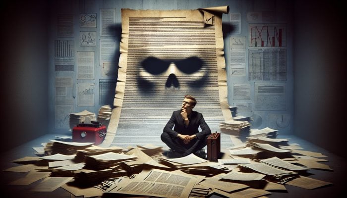 Case Study: Debt Consolidation With Bad Credit: A worried person in the UK surrounded by financial documents, contemplating a large loan contract.