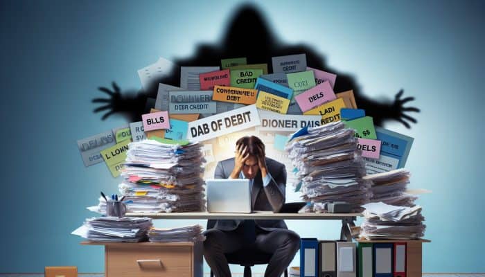 Person with worried expression at desk, surrounded by bills, struggling with debt consolidation due to bad credit.