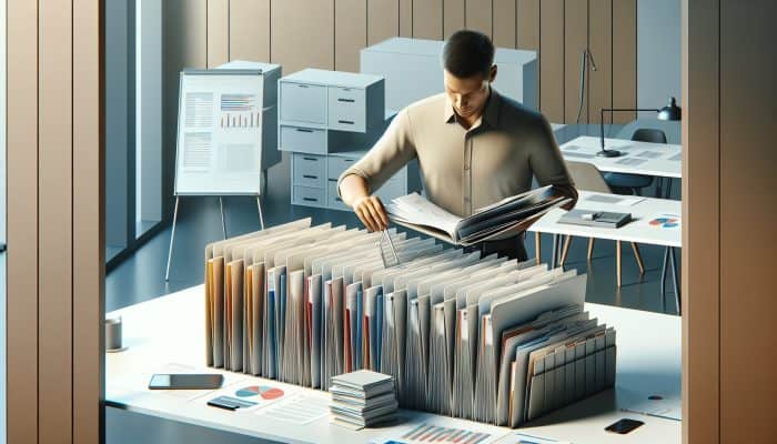 Consolidating Utility Bills With A Loan: A person organizing colorful bills into a single folder in a modern office, symbolizing bill consolidation.