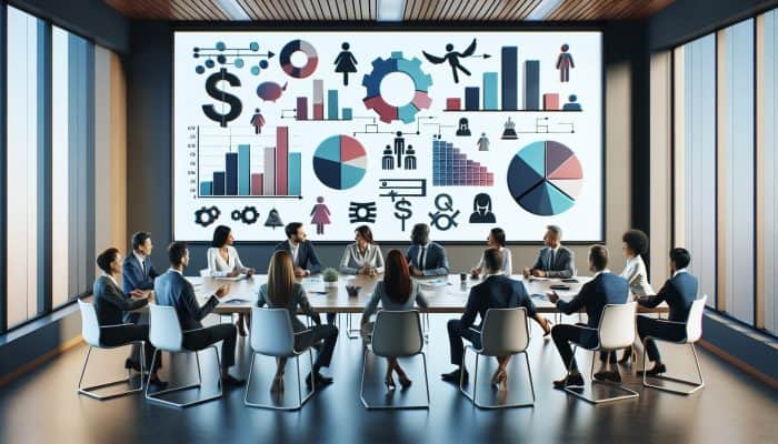 Debt Consolidation Loans for Retail Debt: Financial experts discussing debt consolidation strategies in a modern office with visual aids.