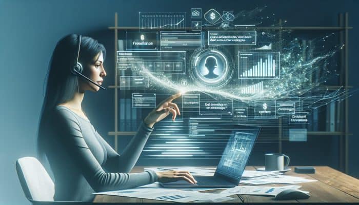 Freelancer at desk with financial documents, consulting advisor via video call, viewing debt consolidation charts.