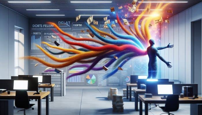 Strategies to Lower Debt Consolidation Interest in the UK: A person feeling relieved as they consolidate debts into one loan, symbolized by merging colorful threads into a single golden thread in a modern financial office.